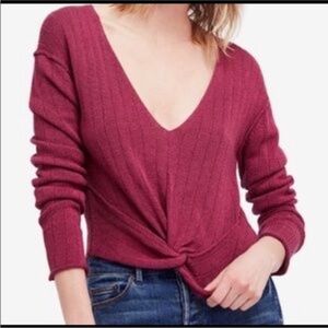 NWOT Free People Got Me Twisted V-Neck Knit Sweater in Berry Size S